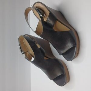 Michael Kors‎ Wedge Sandals Womens 10 Dark Brown Leather Wood Platform Buckle